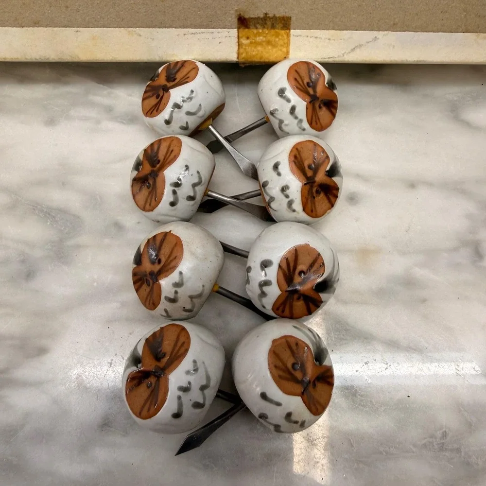 Vintage '72 Fitz & Floyd Owl Corn Holders 4 Pair Japan Pottery whimsical w/ box